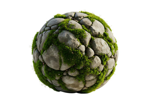 Moss covered stone sphere green grey