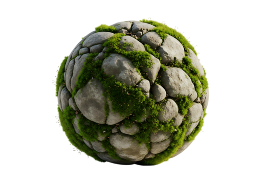 Moss covered stone sphere green grey