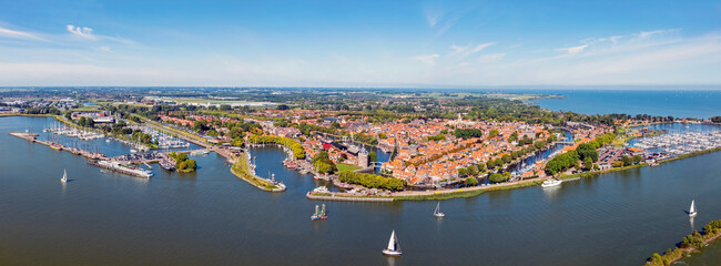 Aerial panorama from the historical city Enkhuizen at the IJsselmeer in the Netherlands