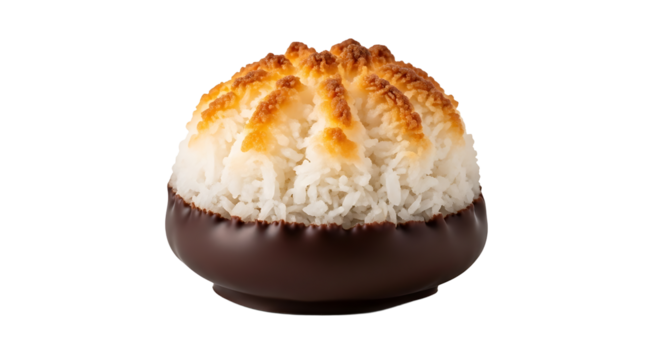 A delightful coconut macaroon dipped in dark chocolate, a perfect bite of sweet indulgence. Sweet coconut delight.