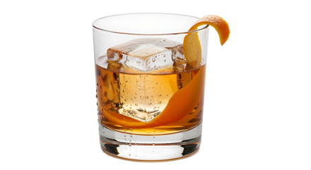 A cocktail in a glass with a large ice cube and orange peel garnish, perfect for sipping and enjoying the moment.