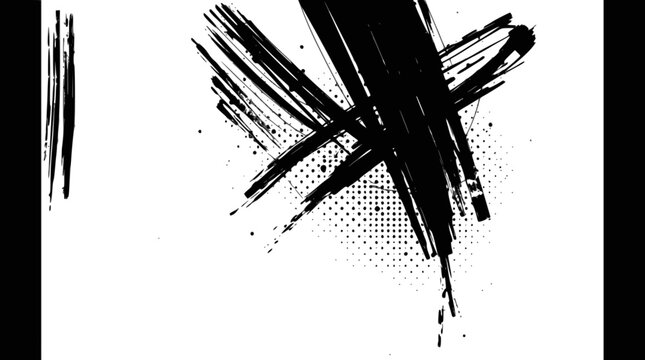 Black grunge brush strokes with halftone dots background, isolated on