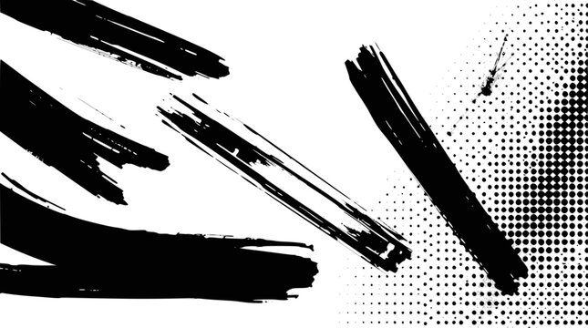 Abstract black brush strokes and halftone dots grunge background, isolated on white