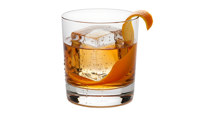 A cocktail in a glass with a large ice cube and orange peel garnish, perfect for sipping and enjoying the moment.