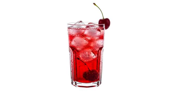 A cool cherry beverage glistens with ice cubes, accentuated by a stem cherry garnish and dark cherry submerged inside.