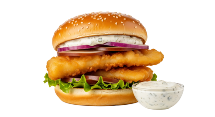 A gourmet fish burger features crispy battered fish fillets, lettuce, red onion, and creamy sauce on a sesame seed bun.