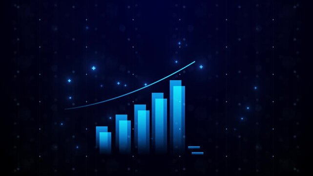 Futuristic glowing blue chart with rising arrow representing business achievement, success, and data growth.