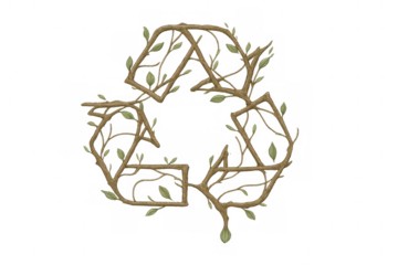 Nature-inspired recycling logo created from brown woody branches and small green leaves, embodying eco-friendly concepts