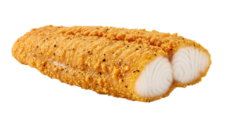 Golden fried fish fillet, crispy breading, with visible white fish meat, a delicious, mouthwatering seafood snack.