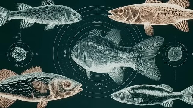 Blueprint of Fish with intricate geometric details, a scientific illustration and anatomical concept