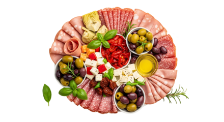 Overhead shot of a charcuterie board with cheeses, meats, olives, marinated vegetables, and olive oil dipping sauce.