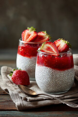 Two chia and strawberry desserts layered in transparent glass cups