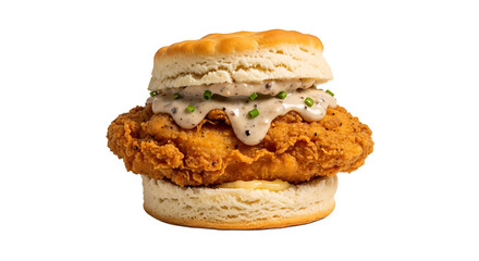 Crispy fried chicken biscuit sandwich with creamy gravy and chives. A Southern comfort food delight.