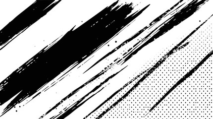 Abstract black brush strokes and halftone pattern on