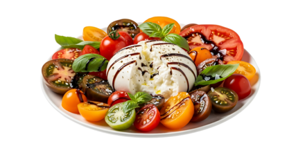 A vibrant plate presents burrata cheese surrounded by colorful heirloom tomatoes, basil leaves, and balsamic glaze.