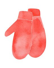 Watercolor illustration of cozy red knitted mittens. Perfect for winter, Christmas, and New Year designs, greeting cards, textiles, wrapping paper, and festive decorations.