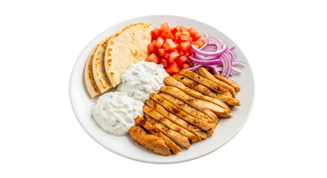 Plate of delicious gyro meat, fresh tomatoes, red onion, pita bread, and tzatziki sauce on a white plate.