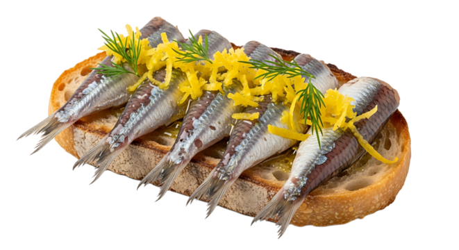 A slice of bread is covered with several fishes, topped with dill and lemon, presented in a minimalist style.
