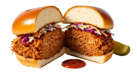 A split pulled meat sandwich with coleslaw on a bun, next to a pickle and a dollop of extra sauce.