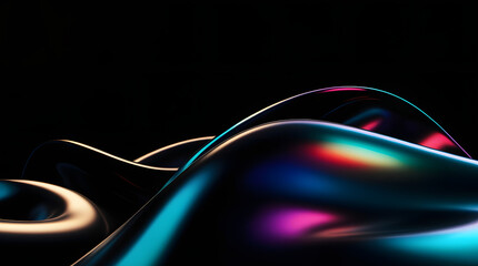 Black dark abstract background. Iridescent fluid glass wave. Prism shape 3D render. Smooth curve...