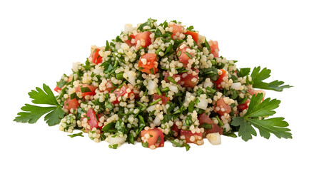 A close-up of a vibrant Tabbouleh salad, showcasing its fresh ingredients and vibrant colors against a simple backdrop.