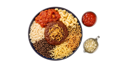 Kushari is a popular Egyptian street food meal consisting of rice, lentils, pasta, and tomato sauce.