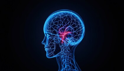 Stunning brain scan visualization with vibrant blue and red hues for medical research, neurological studies, and cutting-edge healthcare promotions