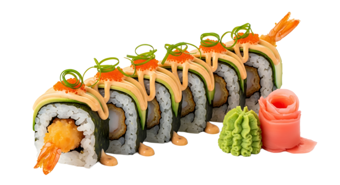 Delectable sushi roll featuring fresh shrimp, avocado, rice, and a savory sauce, perfect for a flavorful bite.