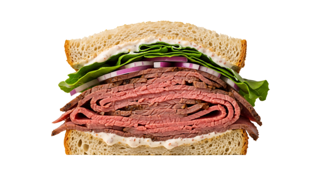 Indulge in this hearty roast beef sandwich, featuring fresh toppings and a zesty sauce – the ultimate savory delight. 