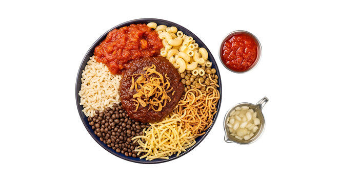 Kushari is a popular Egyptian street food meal consisting of rice, lentils, pasta, and tomato sauce.