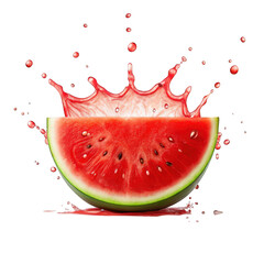 Juicy watermelon slice explodes with vibrant red splash and refreshing droplets capturing summer's sweetness transparent background