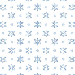 Seamless winter pattern featuring blue snowflakes on a white background. Minimalist festive design ideal for Christmas wrapping paper, holiday cards, textiles, and seasonal decorations.