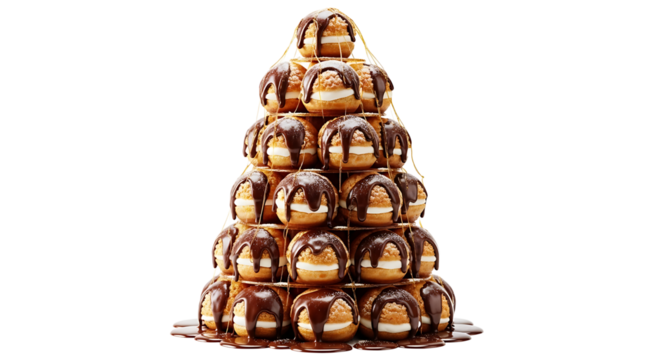 A tower of profiteroles arranged to form a pyramid, dripping with rich, dark chocolate and held with caramel.