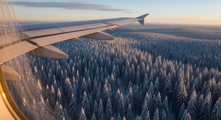 View from an airplane window showing the wing above a vast, snow-covered pine forest during winter or sunrise or sunset