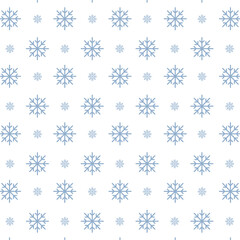 Seamless winter pattern featuring blue snowflakes on a white background. Minimalist festive design ideal for Christmas wrapping paper, holiday cards, textiles, and seasonal decorations.