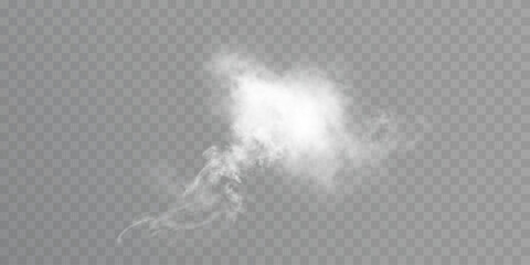 Realistic soft white smoke cloud on transparent background, airy mist element for weather, magic, explosion or decor scenes.
