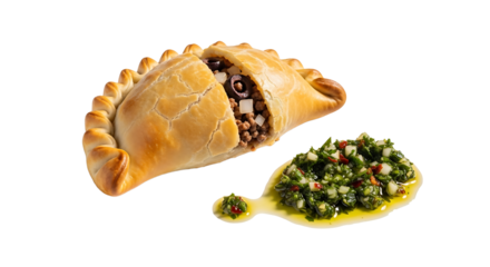 Savory baked turnover with a delicious filling of meat, onion, and olives, accompanied by a fresh herb condiment.