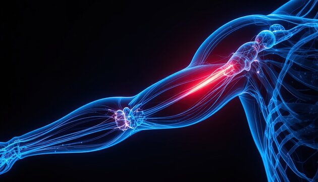 Radiant blueprint of human arm with illuminated muscles, perfect for medical research, sports science, or fitness brand visuals