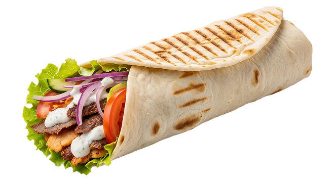 Delicious, savory wrap filled with meat, lettuce, tomato, onions, cucumber, and creamy sauce, grilled to perfection.