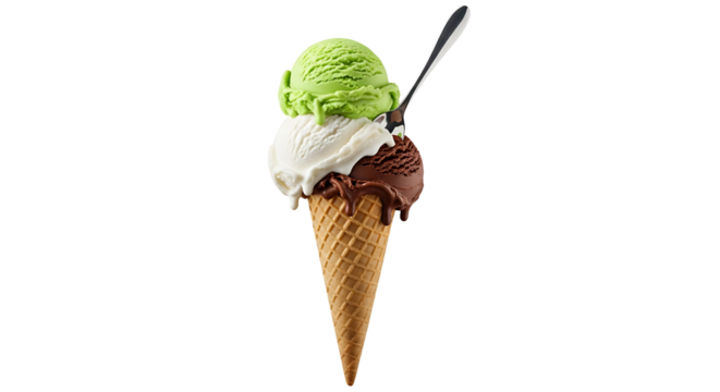 Trio of ice cream cone with pistachio, vanilla and chocolate flavors, with a spoon, on a transparent background.