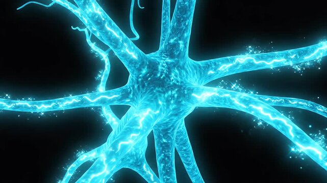 A vibrant, abstract visualization of a complex neural network or biological system, featuring glowing blue dendritic structures against a dark background. Electric impulses and bright energy flow dyna - Powered by Adobe