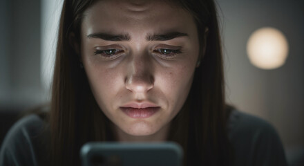 Young Woman Experiencing Cyberbullying on Phone in Dimly Lit Room for Awareness Campaigns, Social Media Platforms, Education Resources, and Blog Content