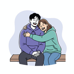 Joyful Illustration of a Young Couple Hugging and Laughing While Sitting on a Bench