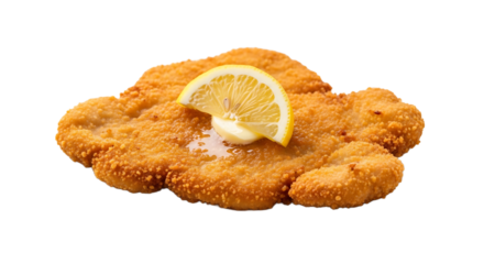 A freshly prepared, crispy cutlet with a golden-brown crust, garnished with a juicy slice of lemon on a transparent background.