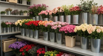 A floral shop displays rows of colorful fresh-cut flowers in metal buckets on shelves