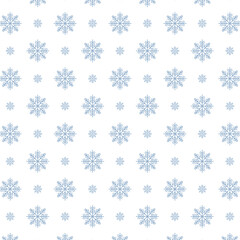Seamless winter pattern featuring blue snowflakes on a white background. Minimalist festive design ideal for Christmas wrapping paper, holiday cards, textiles, and seasonal decorations.