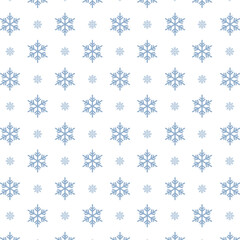 Seamless winter pattern featuring blue snowflakes on a white background. Minimalist festive design ideal for Christmas wrapping paper, holiday cards, textiles, and seasonal decorations.
