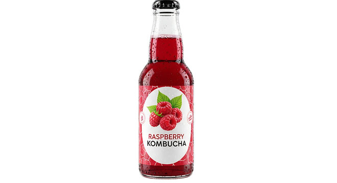 Chilled bottle of fruity kombucha, a revitalizing beverage in a slender glass container against a transparent background.