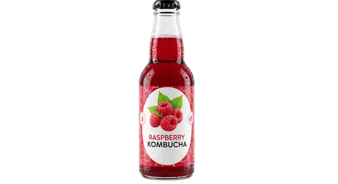 Chilled bottle of fruity kombucha, a revitalizing beverage in a slender glass container against a transparent background.