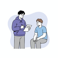 Minimalist illustration of a counselor taking notes while consulting with a sad or worried patient.